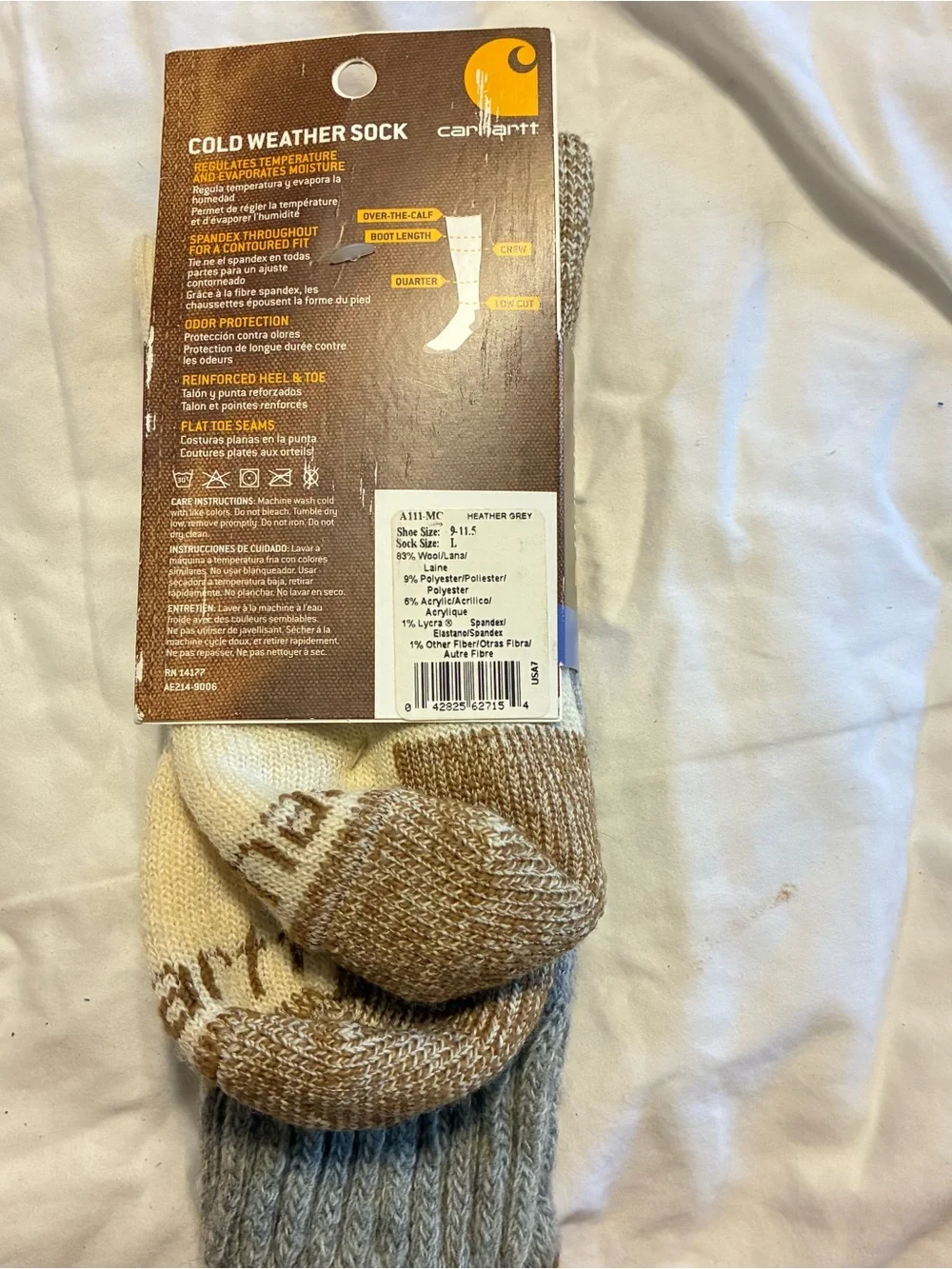 Carhartt Men’s Cold Weather Arctic Wool Socks - Gray/Cream/Brown